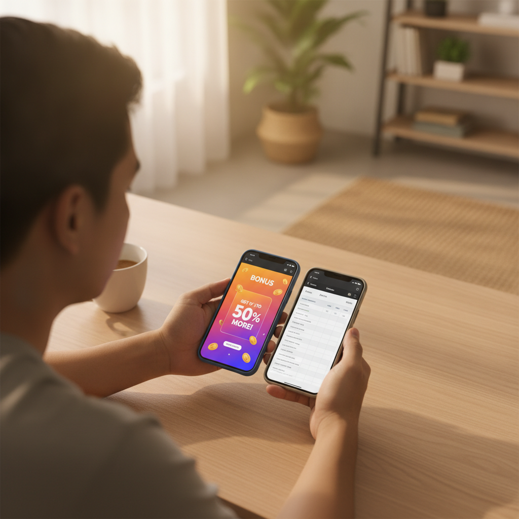 Filipino player comparing casino bonus offers on mobile phones at home desk